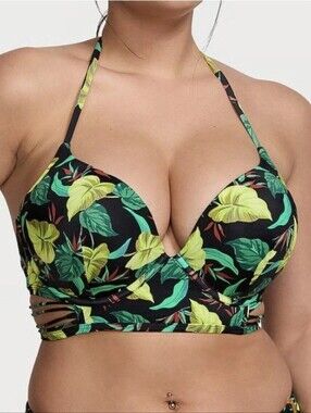 Victoria's Secret BOMBSHELL Black Halter Bikini Top Tropical Print 36DD New